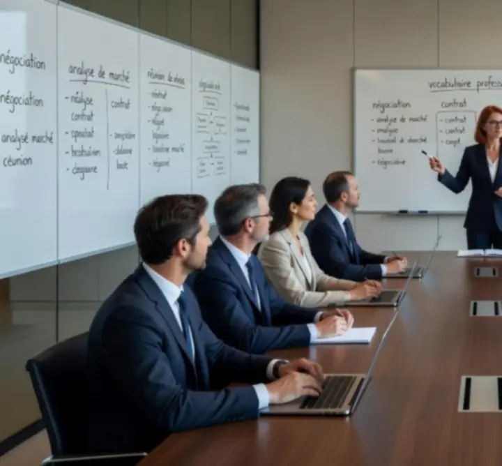 Professionnels en réunion suivant un cours de français des affaires