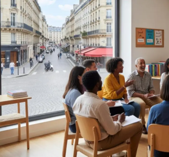 Groupe d'apprenants en français échangeant lors d'une session de conversation.