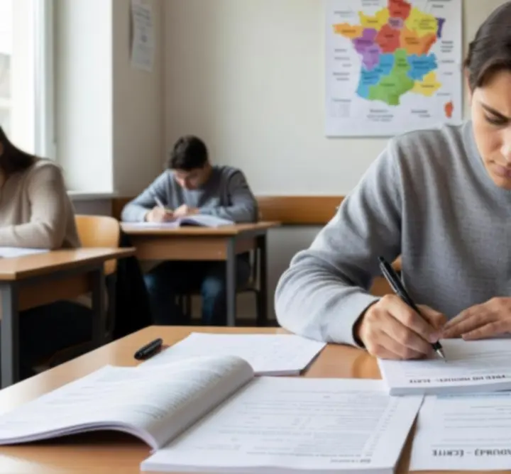 Étudiant préparant l'examen de français DELF avec un enseignant