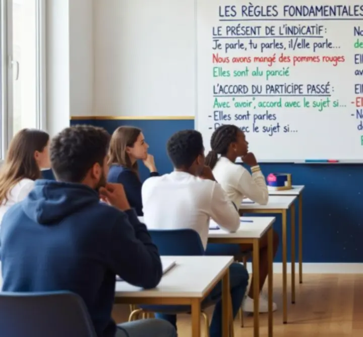 Salle de classe moderne dédiée à la grammaire française avec tableau et étudiants concentrés.