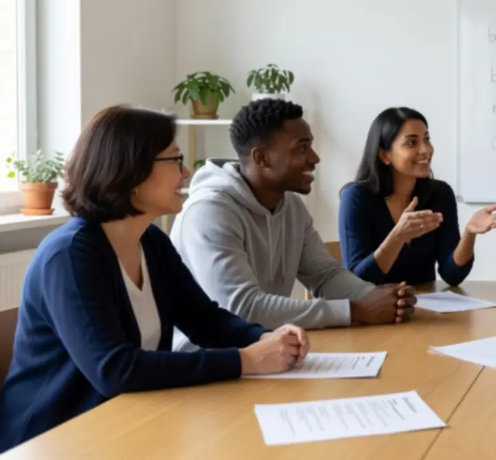 Petit groupe d'apprenants en français travaillant avec un professeur.
