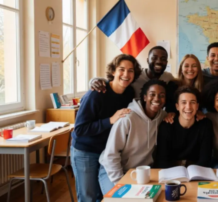 Apprenants de français souriants après une session de conversation.