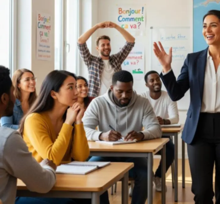 Salle de cours moderne avec étudiants apprenant le français