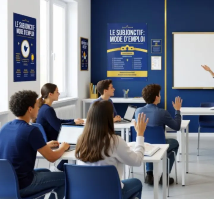 Salle de classe moderne où des apprenants suivent un cours de français interactif en ligne