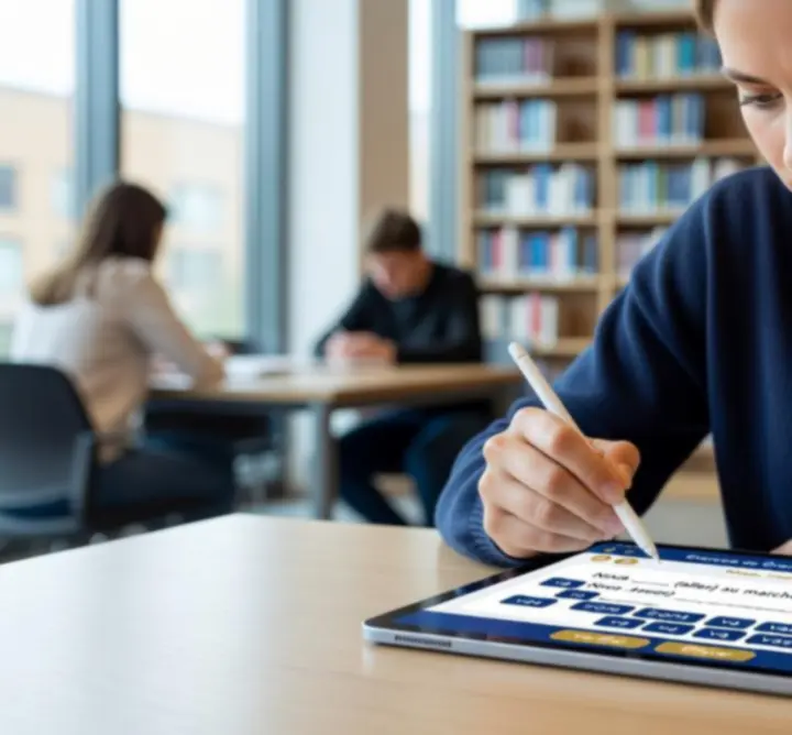 Interface d’exercices interactifs de grammaire française sur ordinateur portable.