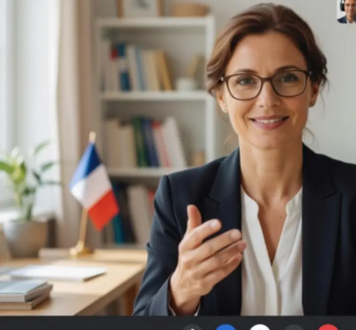 Capture d’écran d’un cours de français en visioconférence avec un enseignant et plusieurs apprenants