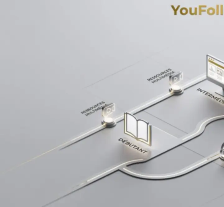 Infographie présentant la méthode YouFollowMe de l’apprentissage du français, du niveau débutant à avancé
