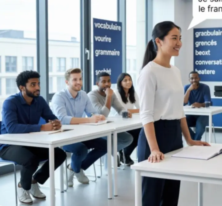 Étudiante prenant la parole en français dans une salle de classe moderne