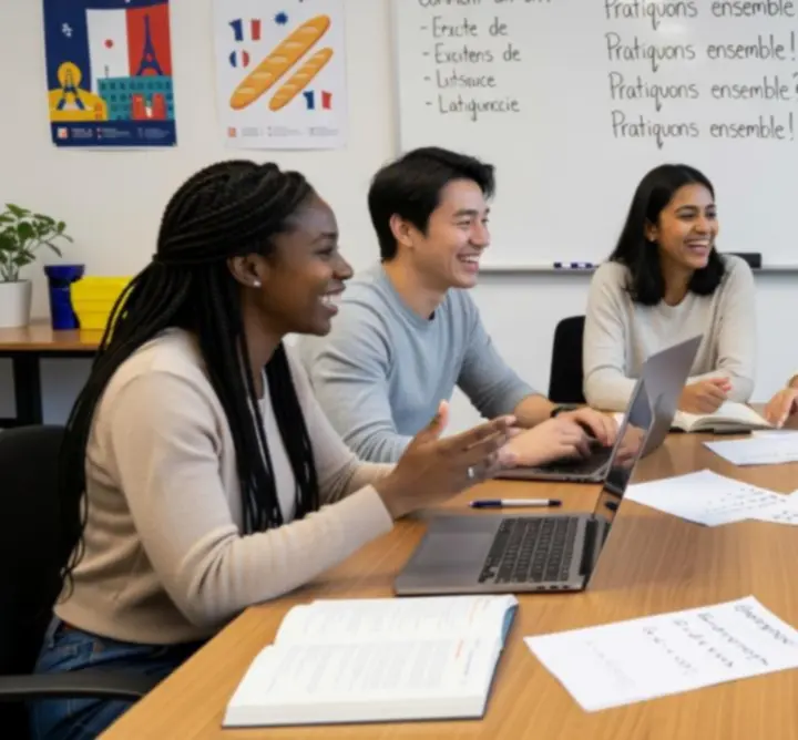 Groupe d'apprenants travaillant ensemble dans un environnement d'apprentissage collaboratif