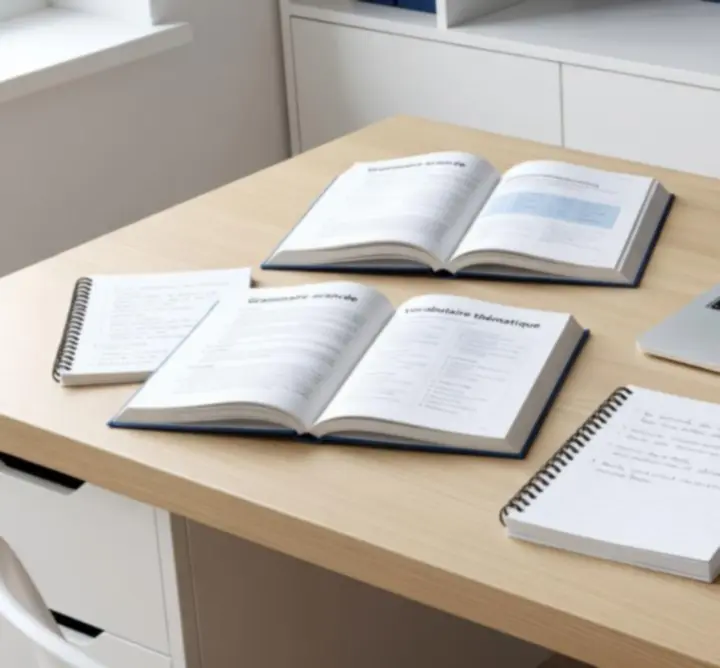 Espace d'étude organisé avec bureau, cahiers et ordinateur pour apprendre le français