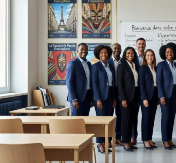 Groupe d'enseignants de français animant un cours dans une salle moderne