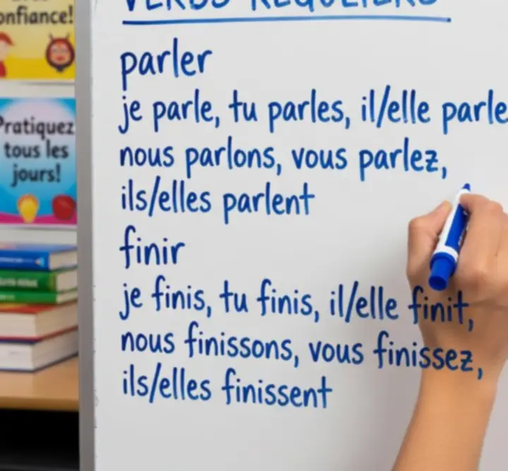 Tableau de conjugaison de verbes français avec explications visuelles.