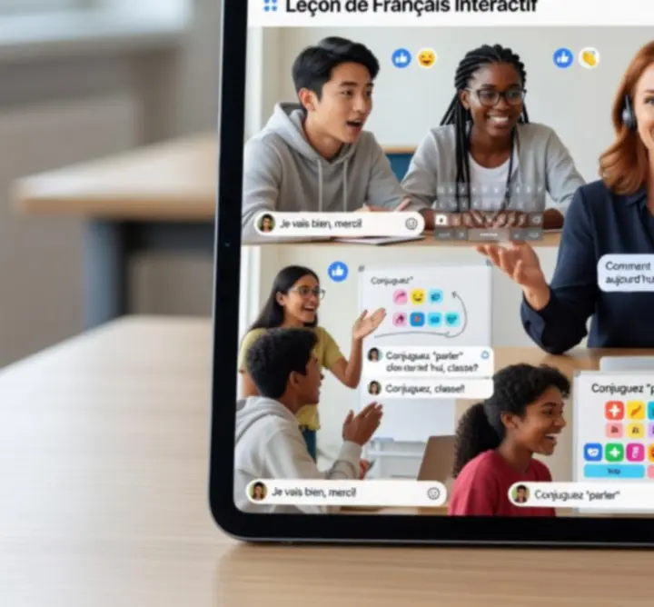 Étudiants participant activement à une classe vidéo de français en ligne